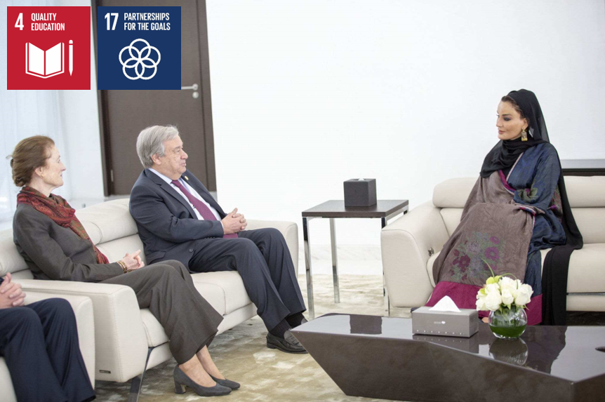 SDG Advocate Her Highness Sheikha Moza bint Nasser, met with Antonio Guterres and Henrietta Fore at Hamad bin Khalifa University to discuss progress on SDG 4